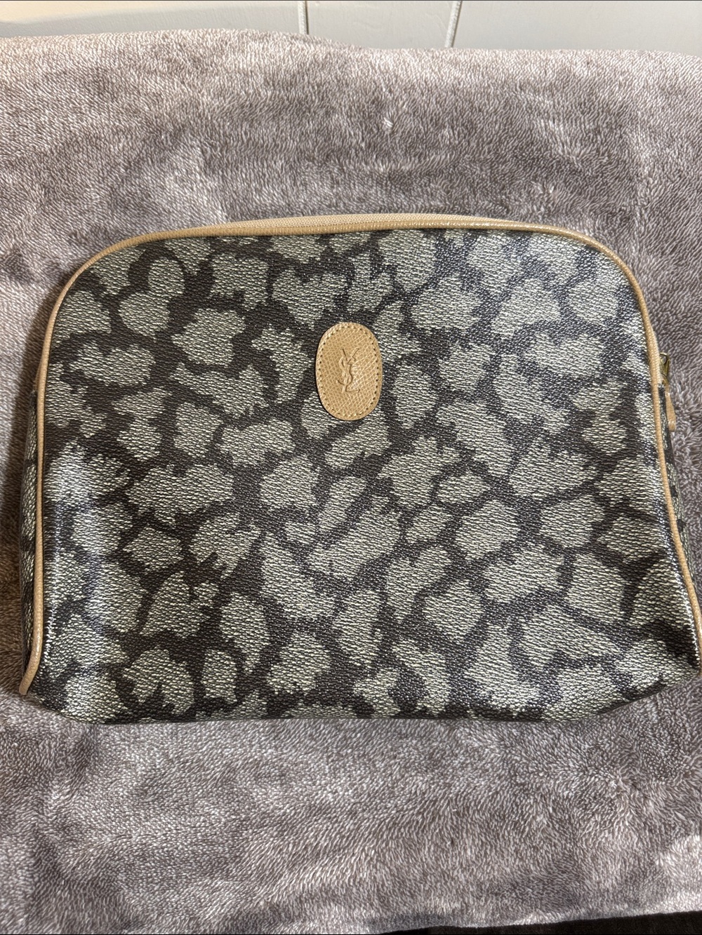 Yves Saint Laurent Patterned Coated Canvas Pouch in Gray, Black & Tan